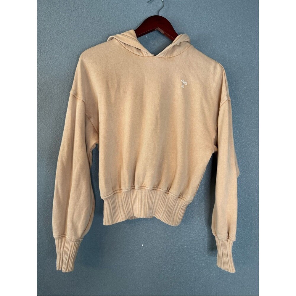 Aerie Womens XXS Cropped Hoodie Oatmeal Beige Rib Hem Pullover Bow Logo